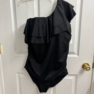 Cacique Swim One Shoulder Ruffle Swimsuit Size 20 Black NWT Summer Vacation